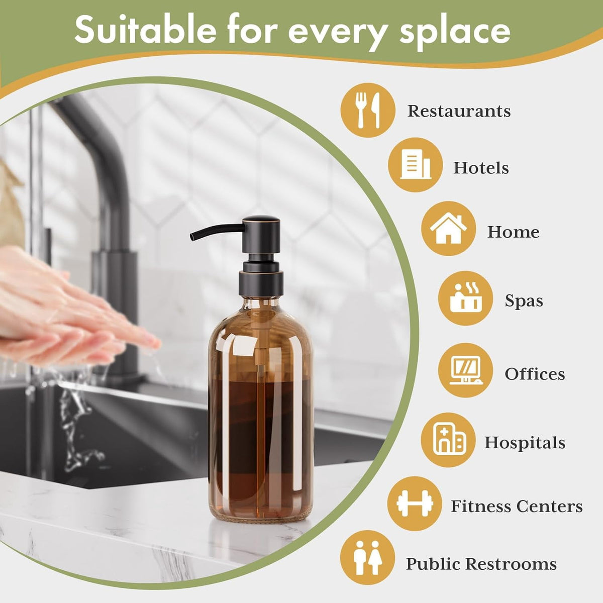 2 Pack Glass Soap Dispenser with Labels, 17 Oz Amber Hand Soap Dispensers with Stainless Steel Pump, for Essential Oi... - Image 6