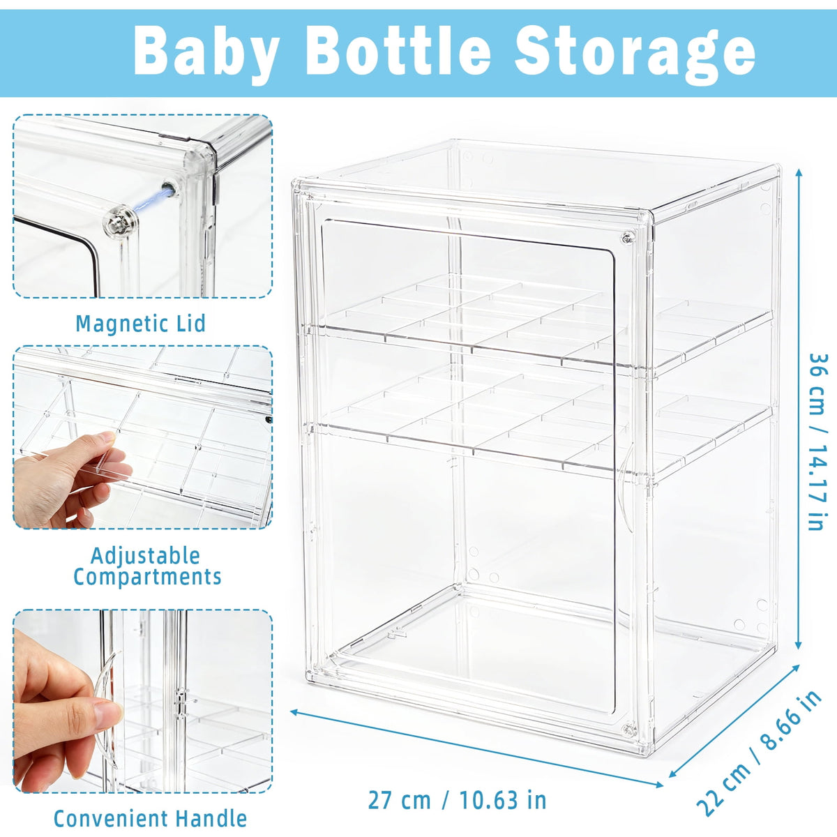 Baby Bottle Storage Organizer, Adjustable Clear Acrylic Makeup Storage Station, Case Box Container with 2 Removable D... - Image 3