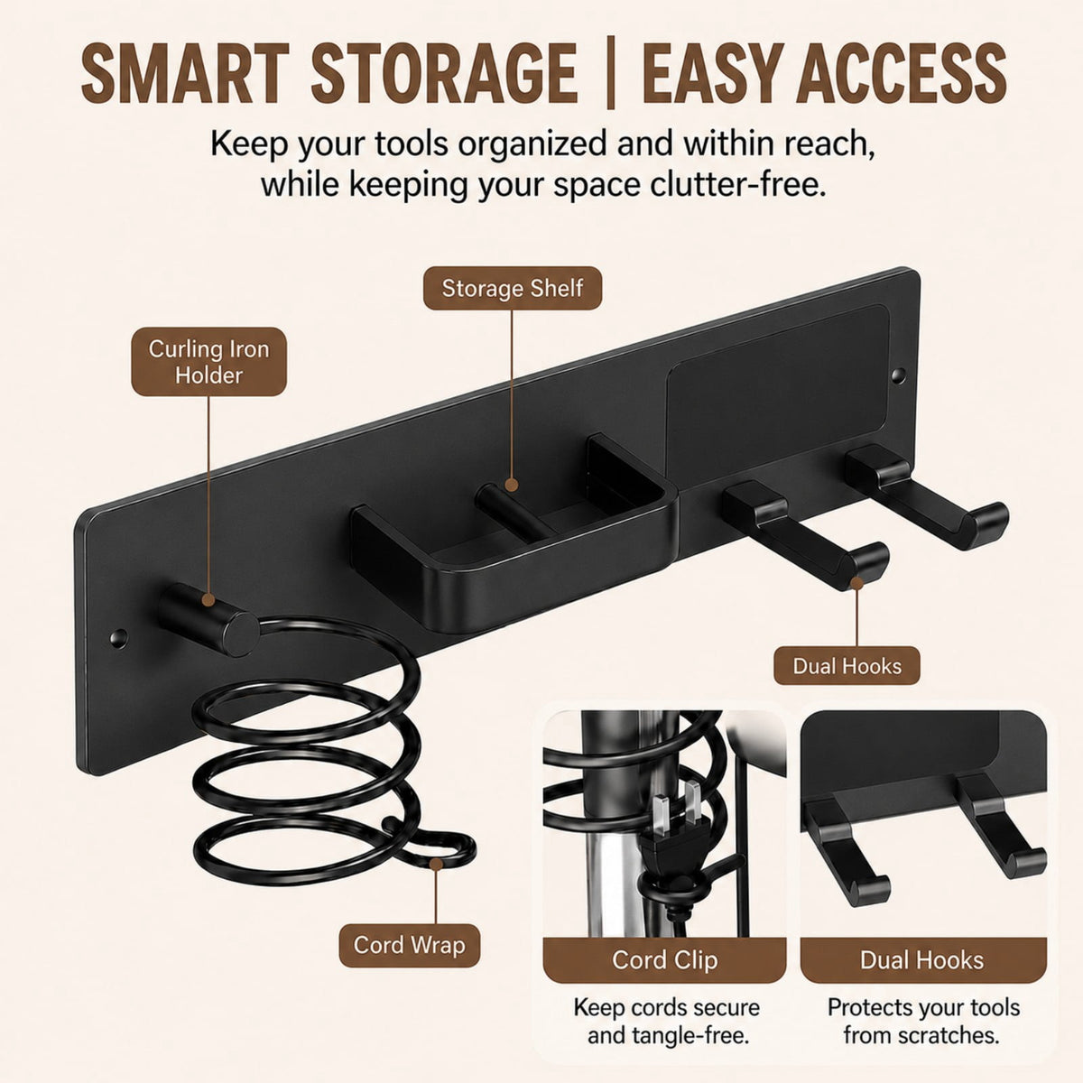 Stand Wall Mount 3-in-1 Tool Organizer with Curling Iron & Flat Iron Racks, Black - Image 4