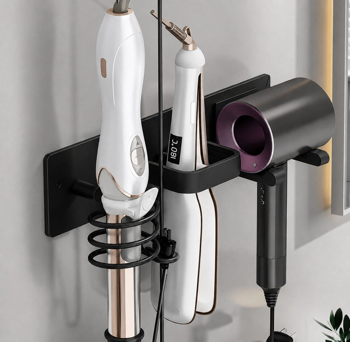Stand Wall Mount 3-in-1 Tool Organizer with Curling Iron & Flat Iron Racks, Black - Image 2
