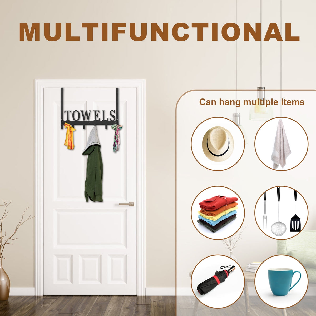 The Door Hooks - Heavy Duty Towel Rack with 6 Hooks for Bedroom, Bathroom, Kitchen - Holds Towels, Bags, Coats, Hats ... - Image 6