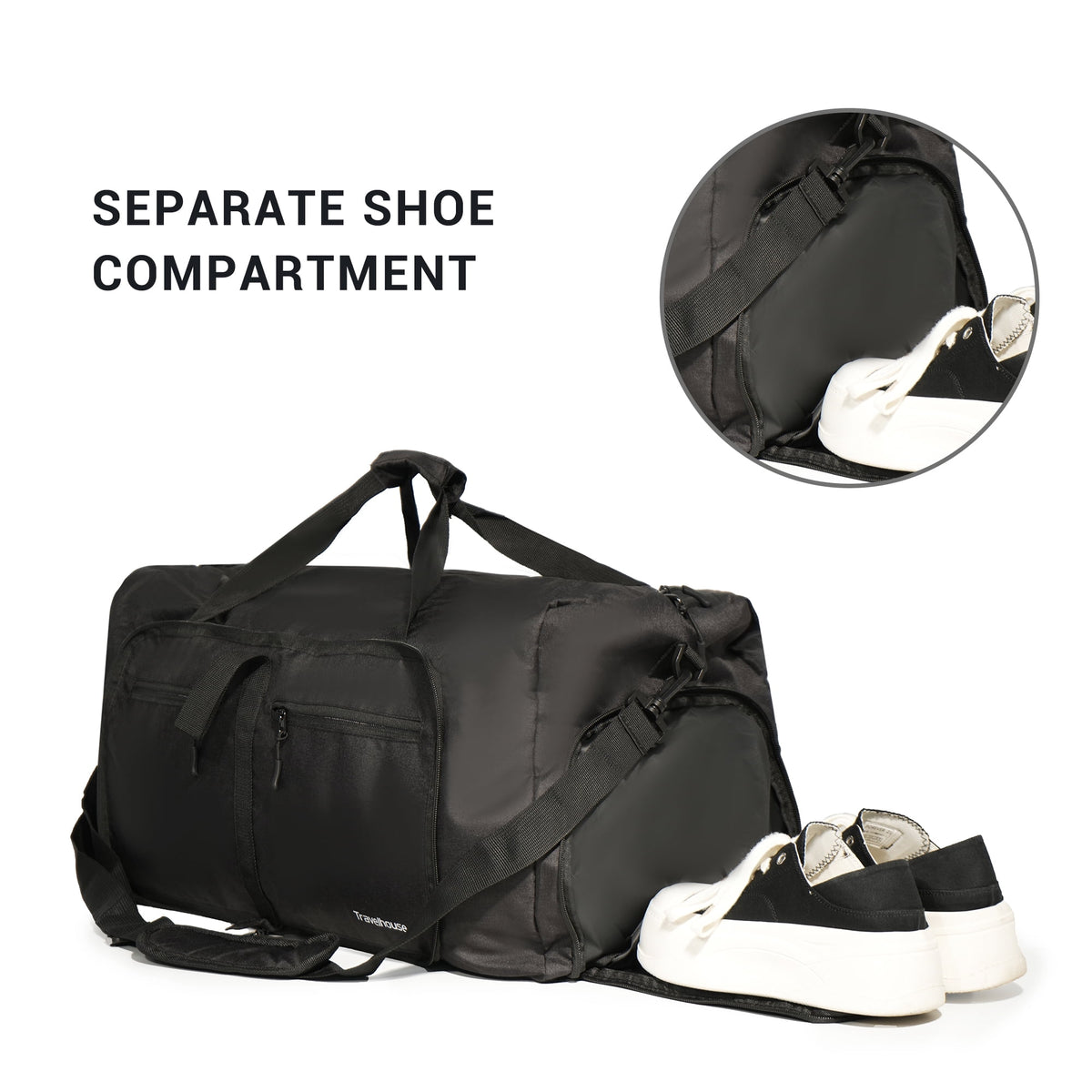 Foldable Travel Duffle Bag for Men Women with Shoes Compartment Waterproof,Black - Image 4