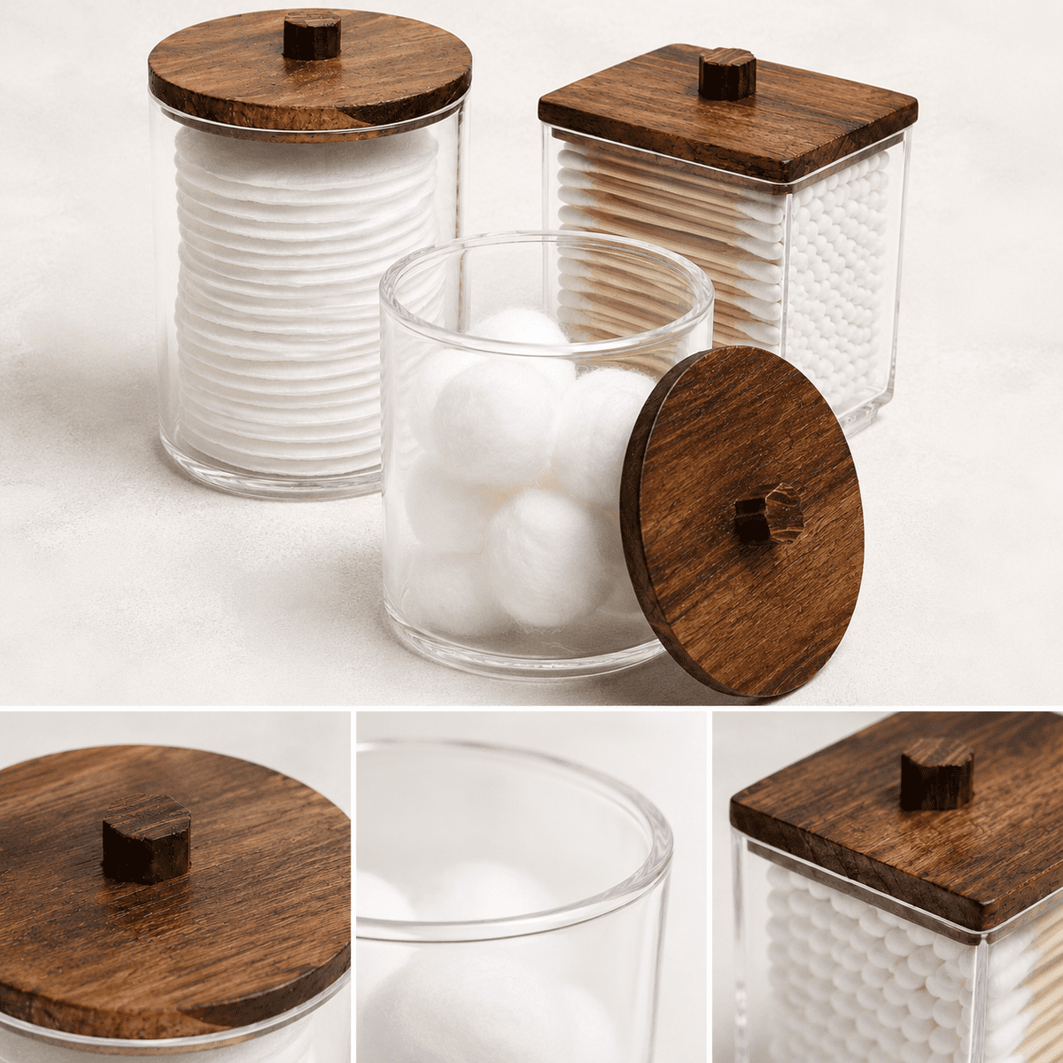 Bathroom Container, 10/7 OZ Cotton Ball/Swabs Dispenser, Apothecary Jar Organizer for Storage Brown Wood Lids - Image 5