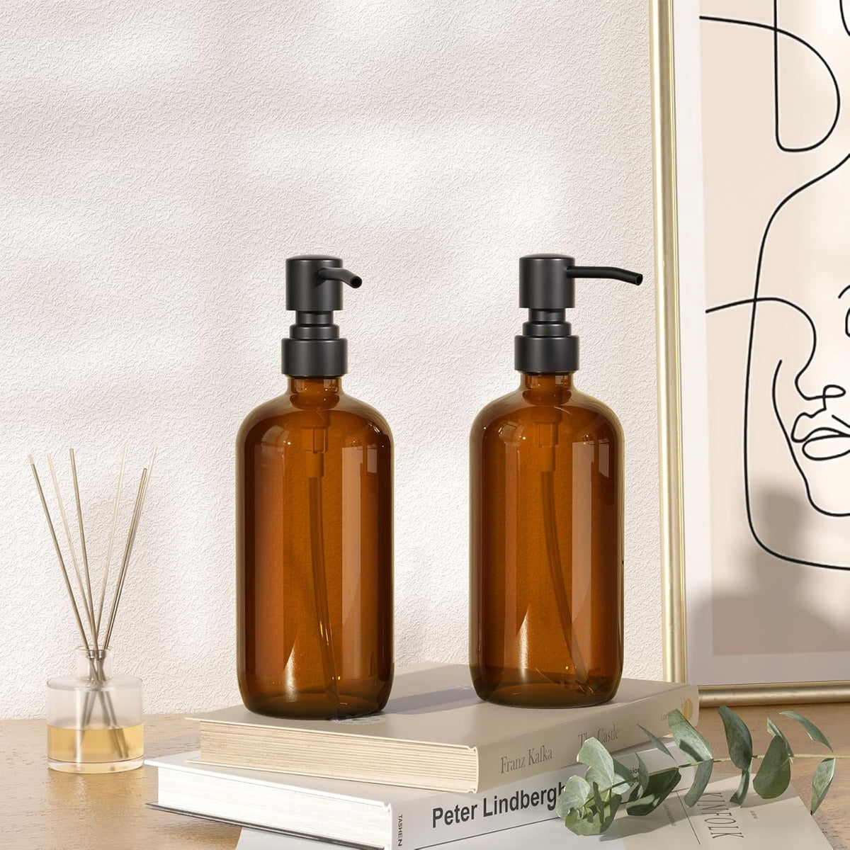 2 Pack Glass Soap Dispenser with Labels, 17 Oz Amber Hand Soap Dispensers with Stainless Steel Pump, for Essential Oi... - Image 3