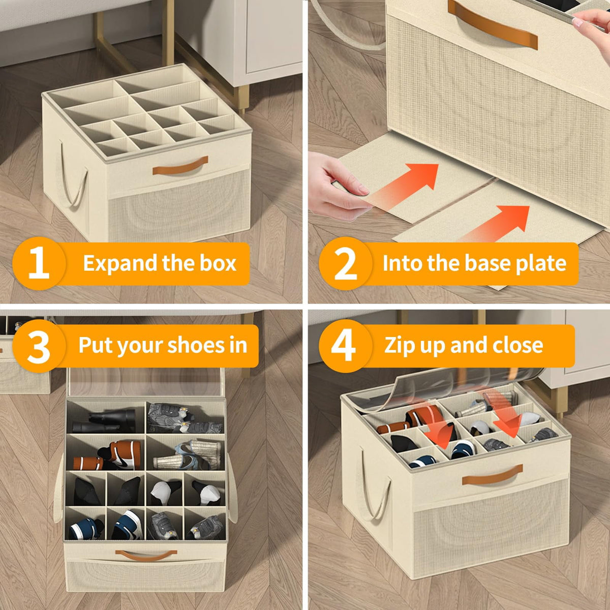 Organizer for Closet, 2 Pack Box Containers with Clear Cover and Reinforced Handles, Fits 16-32 Pairs, Beige - Image 6