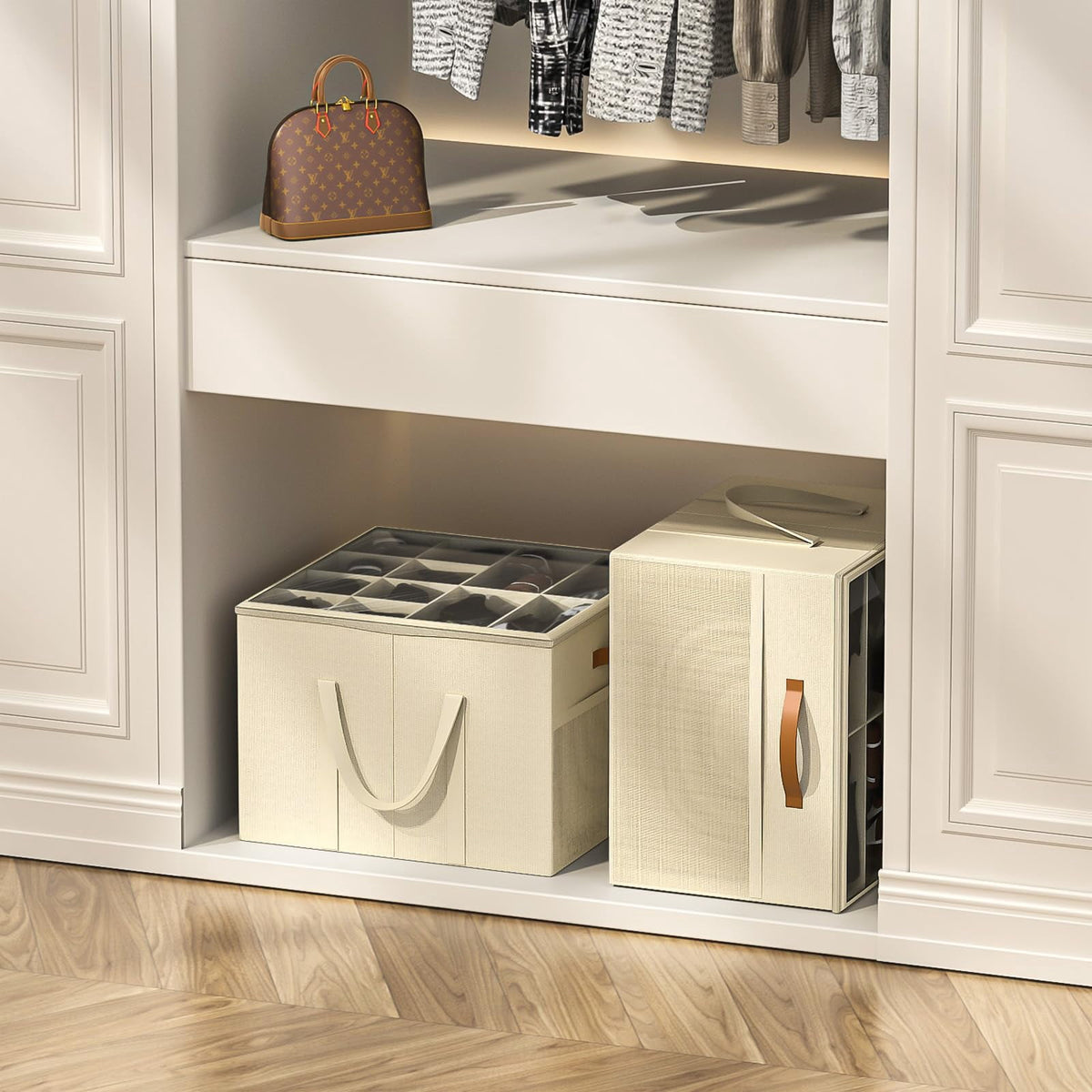 Organizer for Closet, 2 Pack Box Containers with Clear Cover and Reinforced Handles, Fits 16-32 Pairs, Beige - Image 2