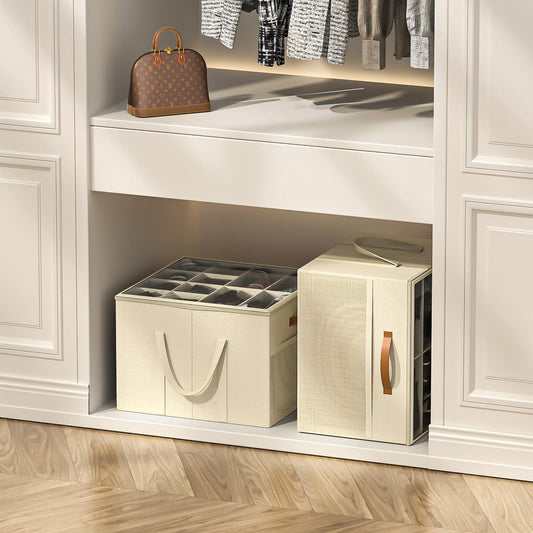 Organizer for Closet, 2 Pack Box Containers with Clear Cover and Reinforced Handles, Fits 16-32 Pairs, Beige - Image 2