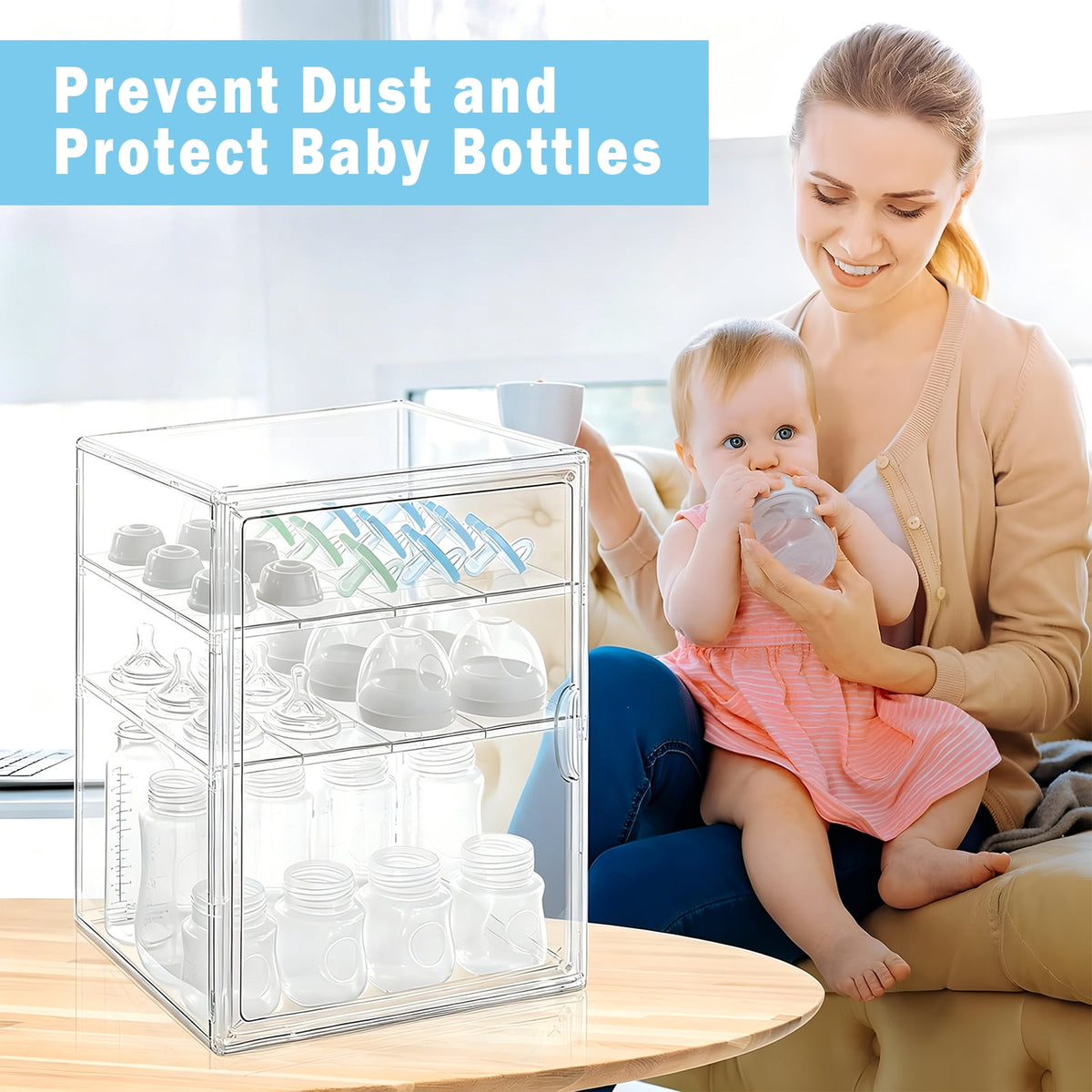 Baby Bottle Storage Organizer, Adjustable Clear Acrylic Makeup Storage Station, Case Box Container with 2 Removable D... - Image 5