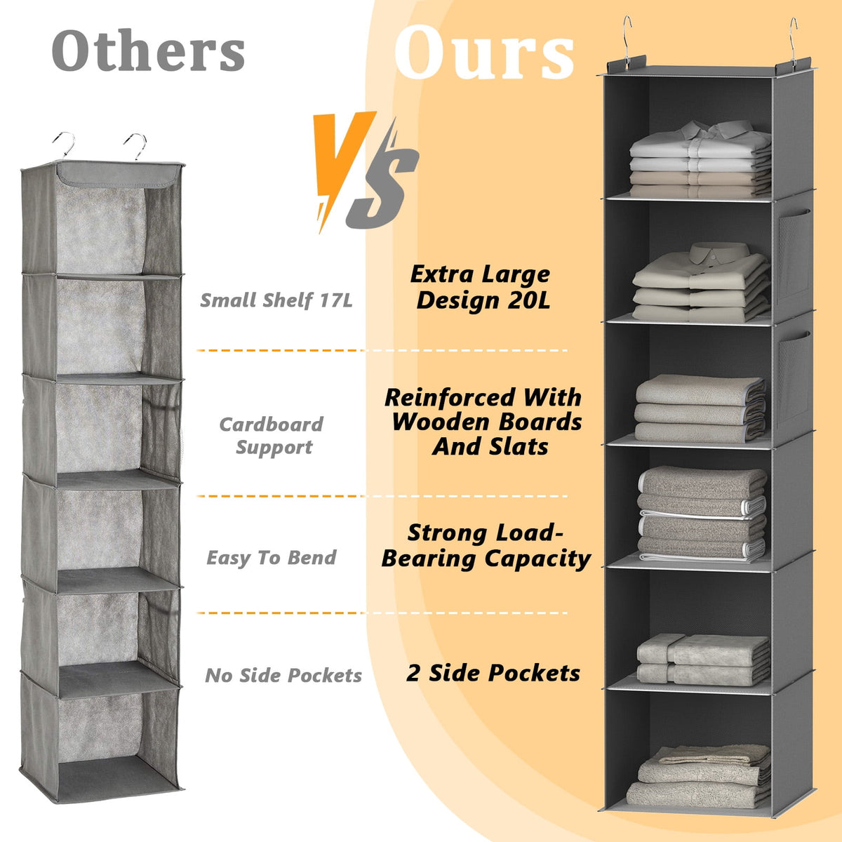 Shelves, 6-Shelf Organizer with Bamboo Inserts, Foldable Organizers and for Bedroom,Sturdy Hook W/ 2 Side Pockets,Gray - Image 5