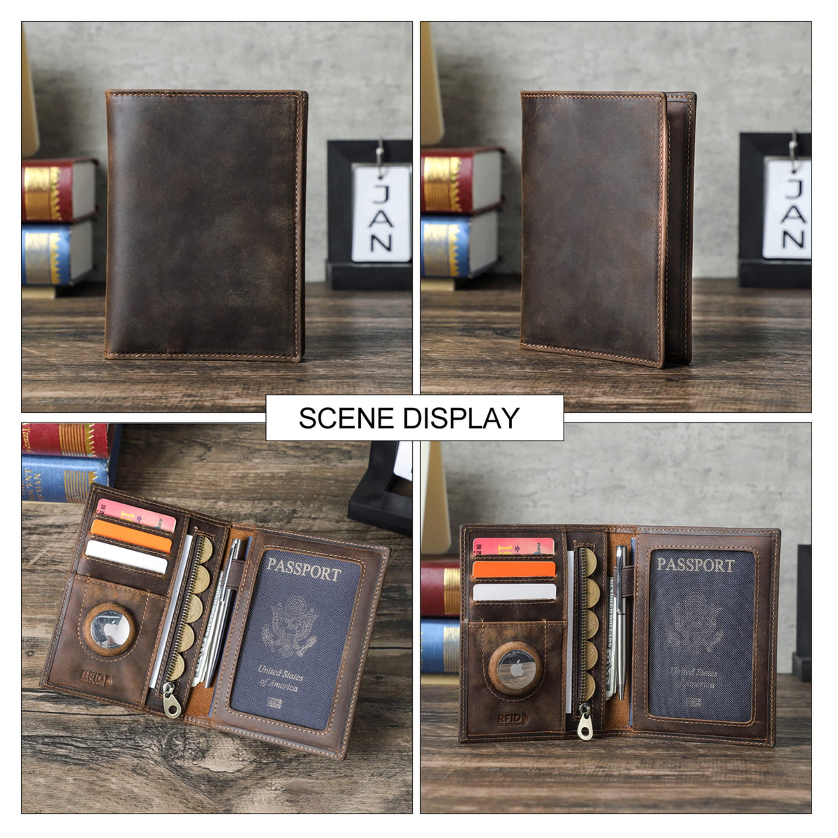 Leather Passport Card Holders for Trave Rfid , Air Tag Passport Wallet Holder (Dark Brown) - Image 3