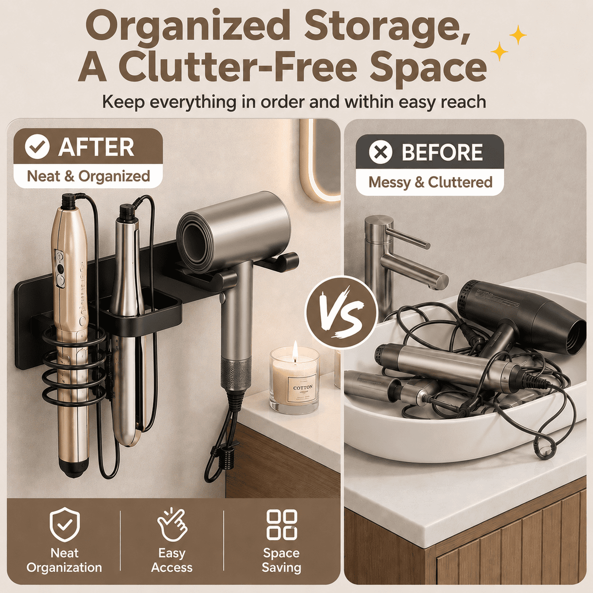 Stand Wall Mount 3-in-1 Tool Organizer with Curling Iron & Flat Iron Racks, Black - Image 3