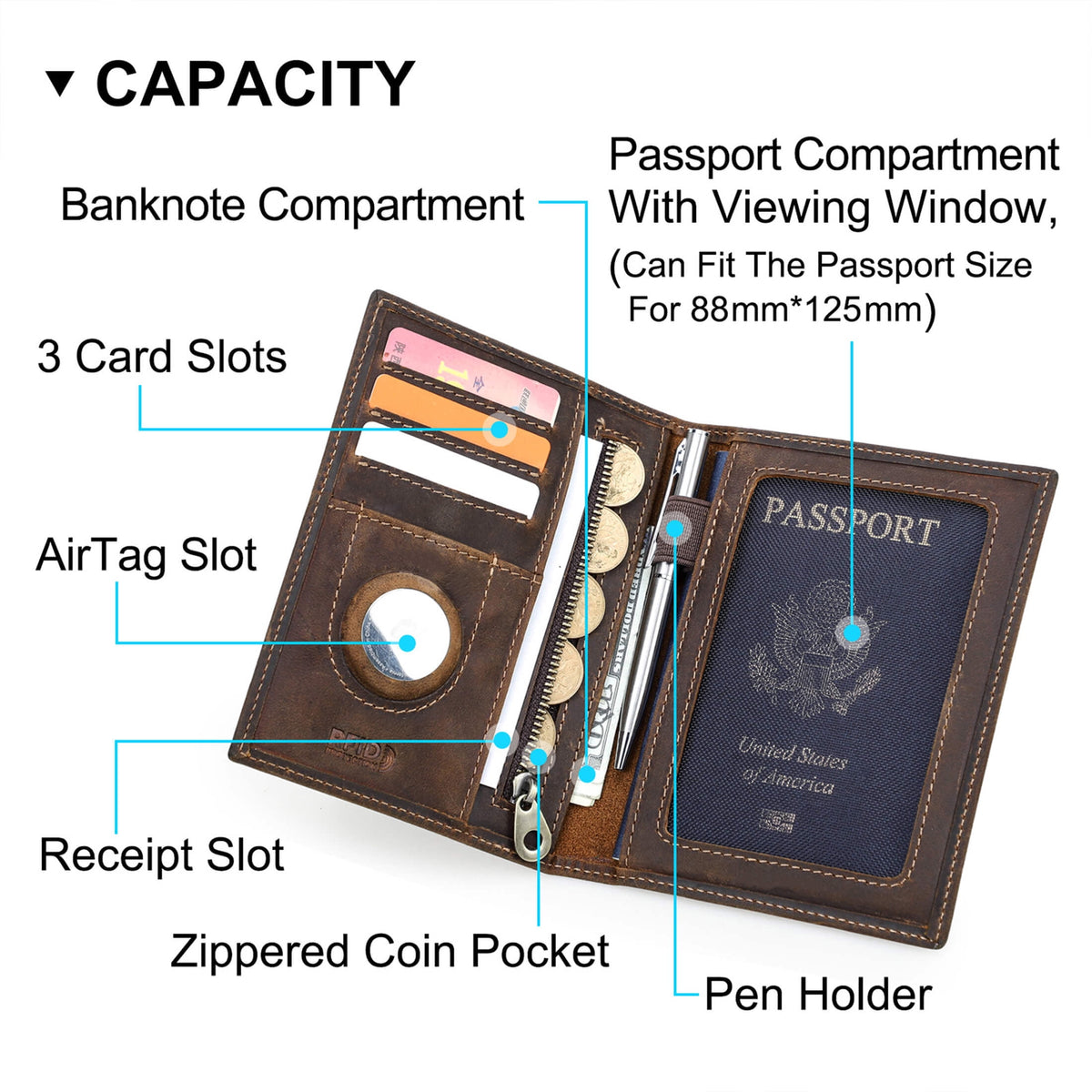 Leather Passport Card Holders for Trave Rfid , Air Tag Passport Wallet Holder (Dark Brown) - Image 2