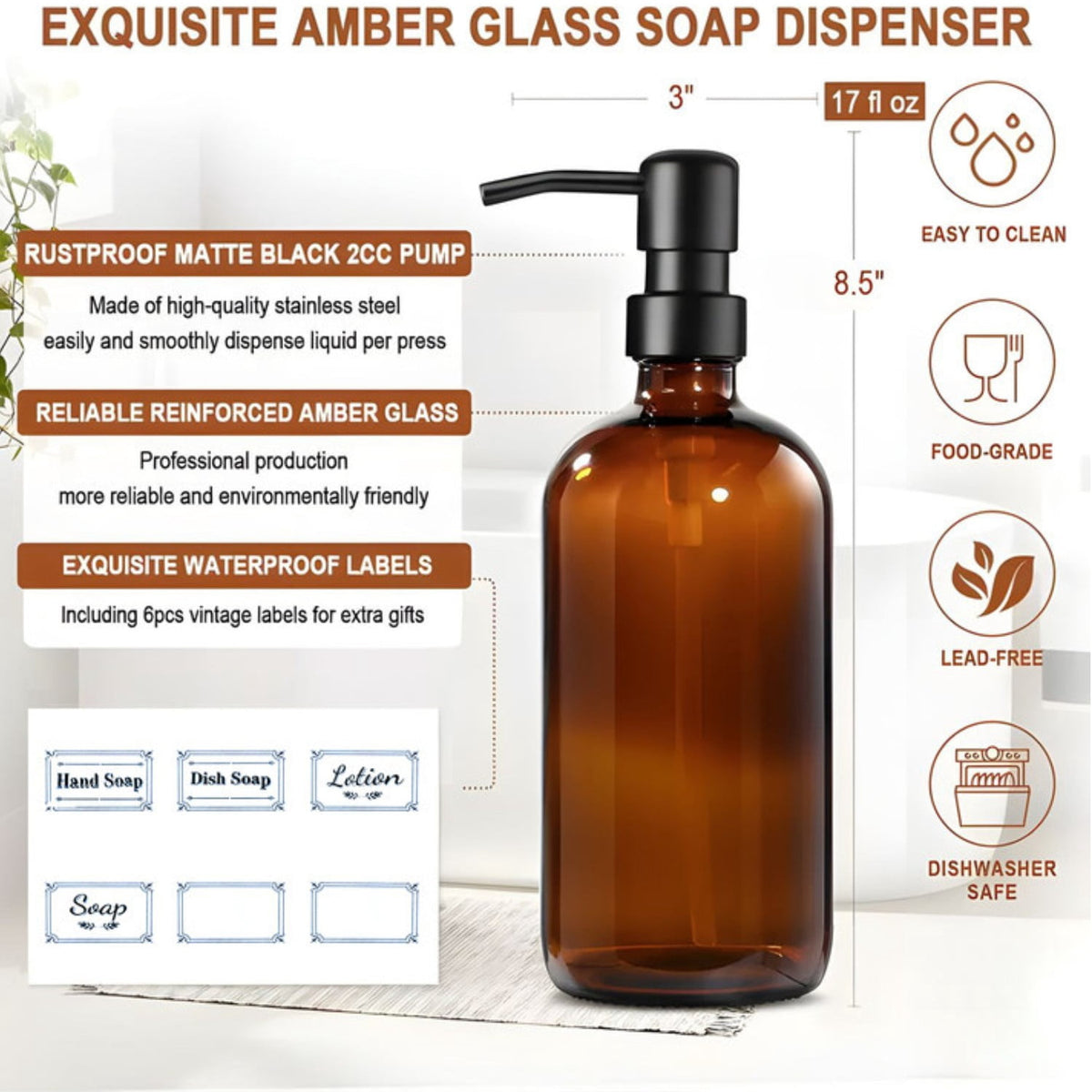 2 Pack Glass Soap Dispenser with Labels, 17 Oz Amber Hand Soap Dispensers with Stainless Steel Pump, for Essential Oi... - Image 4