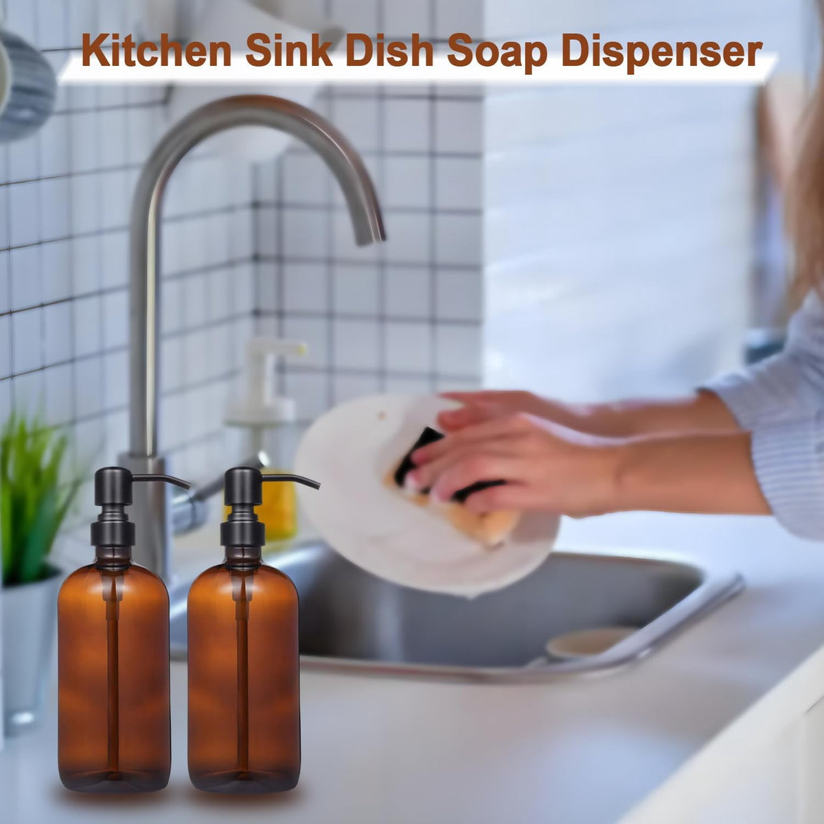 2 Pack Glass Soap Dispenser with Labels, 17 Oz Amber Hand Soap Dispensers with Stainless Steel Pump, for Essential Oi... - Image 2