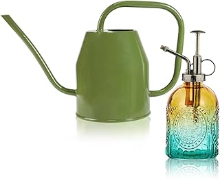 35 oz/1000 ml Metal Indoor Small Watering Can with Long Spout for House Plants Decorative, 12 oz/360 ml Glass Plant Mister Spray Bottle for Bonsai Garden Flowers(Green)