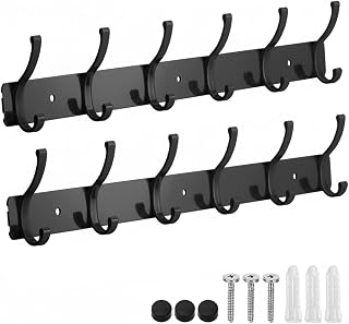 Dntorx Coat Rack Wall Mount, 2 Pack Coat Hooks Hanger Wall Double Hook Rack Rail Towel Hat Rack Entryway Bathroom Hanger Organizer for Robes, Clothes, Bags, Hat(Black)