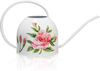 MOYEE 1/2 Gallon Metal Small Outdoor Indoor Watering Can,Hand-Painted Flowers Durable Metal Structure - White Long Spout Watering Can Indoor Plants - Garden Watering Equipment Stylish, Gentle Flow