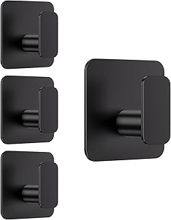 Aikzik Black Hooks for Hanging Heavy Duty, Adhesive Hooks for Shower, Bathroom, Kitchen, Robe, Towel, Coat, Waterproof & Rustproof Hook for Walls No Damage, Sticky Wall Towel Hooks - 4 Pack