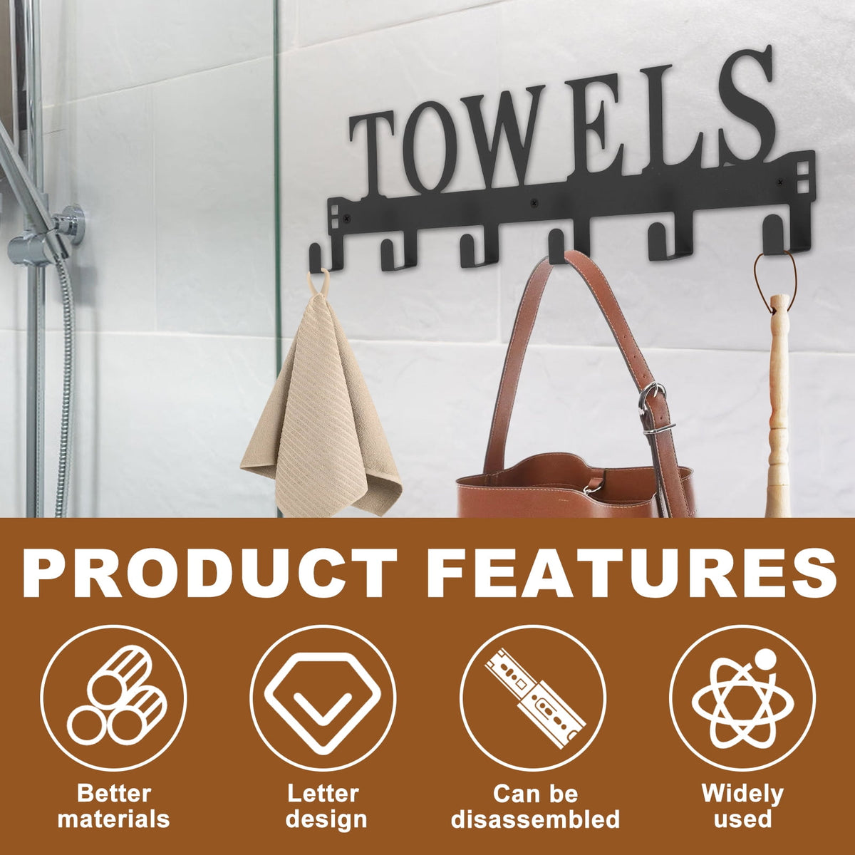 The Door Hooks - Heavy Duty Towel Rack with 6 Hooks for Bedroom, Bathroom, Kitchen - Holds Towels, Bags, Coats, Hats ... - Image 4