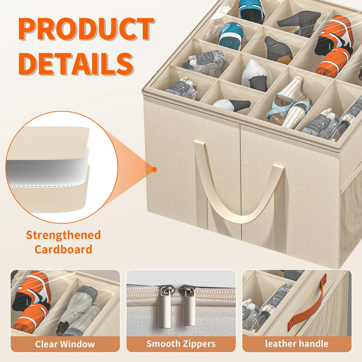 Organizer for Closet, 2 Pack Box Containers with Clear Cover and Reinforced Handles, Fits 16-32 Pairs, Beige - Image 3