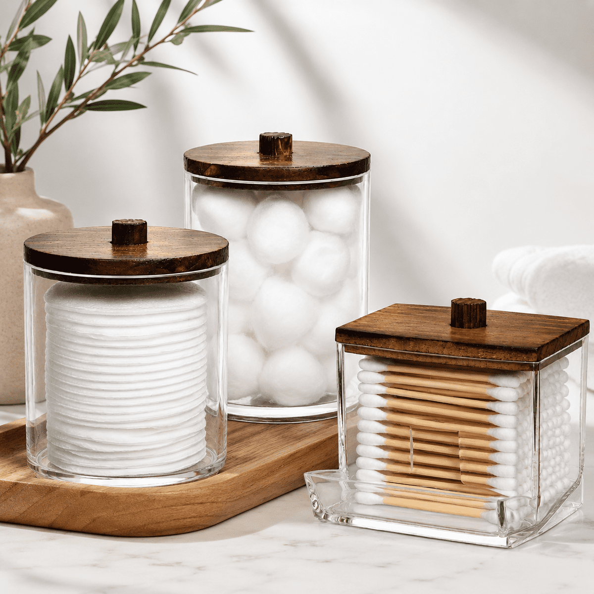 Bathroom Container, 10/7 OZ Cotton Ball/Swabs Dispenser, Apothecary Jar Organizer for Storage Brown Wood Lids - Image 6