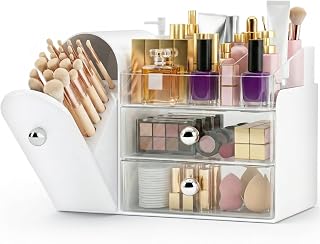 Makeup Organizer,Vanity Organizer with Makeup Brush Holder,Large Skincare Organizers with Drawers,Bathroom Countertop Organizer,Storage Lipstick,Perfume,Nail Polish,Beauty,Gifts for Woman