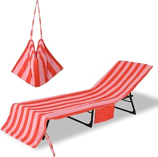 Beach Lounge Chair Towel Cover,Soft Microfiber Chaise Lounge Towel Cover Patio Pool Chairs Cover with Side Pockets,80" x 26" Chair Cover for Beach/Pool Sunbathing (Orange and Pink Stripe)