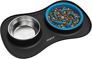 YINEYA 3 in 1 Slow Feeder Dog Bowls & Stainless Steel Food and Water Bowl with Non-Spill Dog Bowl Mat, Anti-Choking Puppy Bowls, Floor Safe & Easy Clean for Large Medium Small Dogs Cats