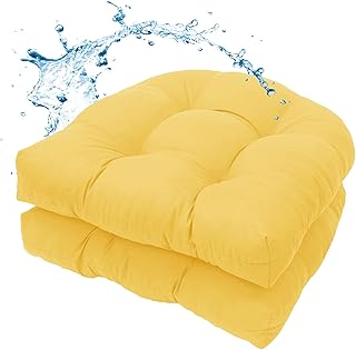 MTMR Outdoor Chair Cushions Set of 2, 19x19 Waterproof Wicker Seat Cushions for Patio Furniture, Tufted Outdoor Replacement Furniture Pad for Porch Lawn Wicker Desk Dining Rocking Chair, Yellow