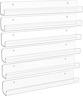 upsimples 6 Pack Narrow Clear Acrylic Shelves, 12" x 1.7" Small Wall Shelf for Nail Polish, Vinyl Wall Mount, Record Holder, Magazine Rack, Comic Display, Picture Ledge Shelf