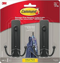Command Large Matte Black Double Hooks, 2 Hooks and 2 Strips, Damage Free Hanging Wall Hooks with Adhesive Strips, No Tools Coat Hooks for Hanging Home Decor, Holds up to 4 lb