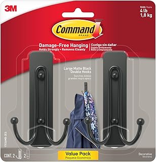 Command Large Matte Black Double Hooks, 2 Hooks and 2 Strips, Damage Free Hanging Wall Hooks with Adhesive Strips, No Tools Coat Hooks for Hanging Home Decor, Holds up to 4 lb