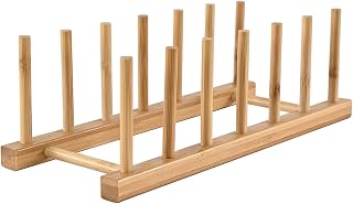 INNERNEED Bamboo Wooden Dish Rack, Vertical Plate & Lid Organizer for Kitchen Cabinet or Countertop, Drying Stand for Dishes, Cutting Boards