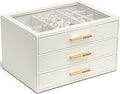 VLANDO Jewelry Box for Women, Glass Lid Jewelry Organizer with 3 Drawers for Necklaces Rings Earrings Bracelets Mother Day Gift for Mom - Cloud White
