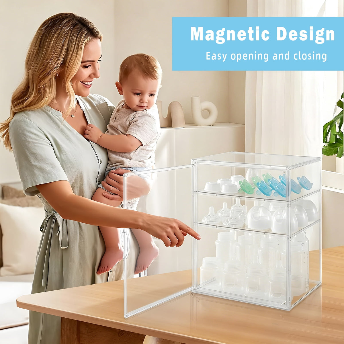 Baby Bottle Storage Organizer, Adjustable Clear Acrylic Makeup Storage Station, Case Box Container with 2 Removable D... - Image 6