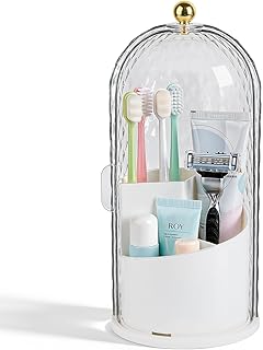 Toothbrush Holder with Cover for Bathroom Countertop, Rotating Organizer for Electric Tooth Brush and Toothpaste, 3-Slot Makeup Brush Storage, Self-Draining Vanity Counter Organizer White