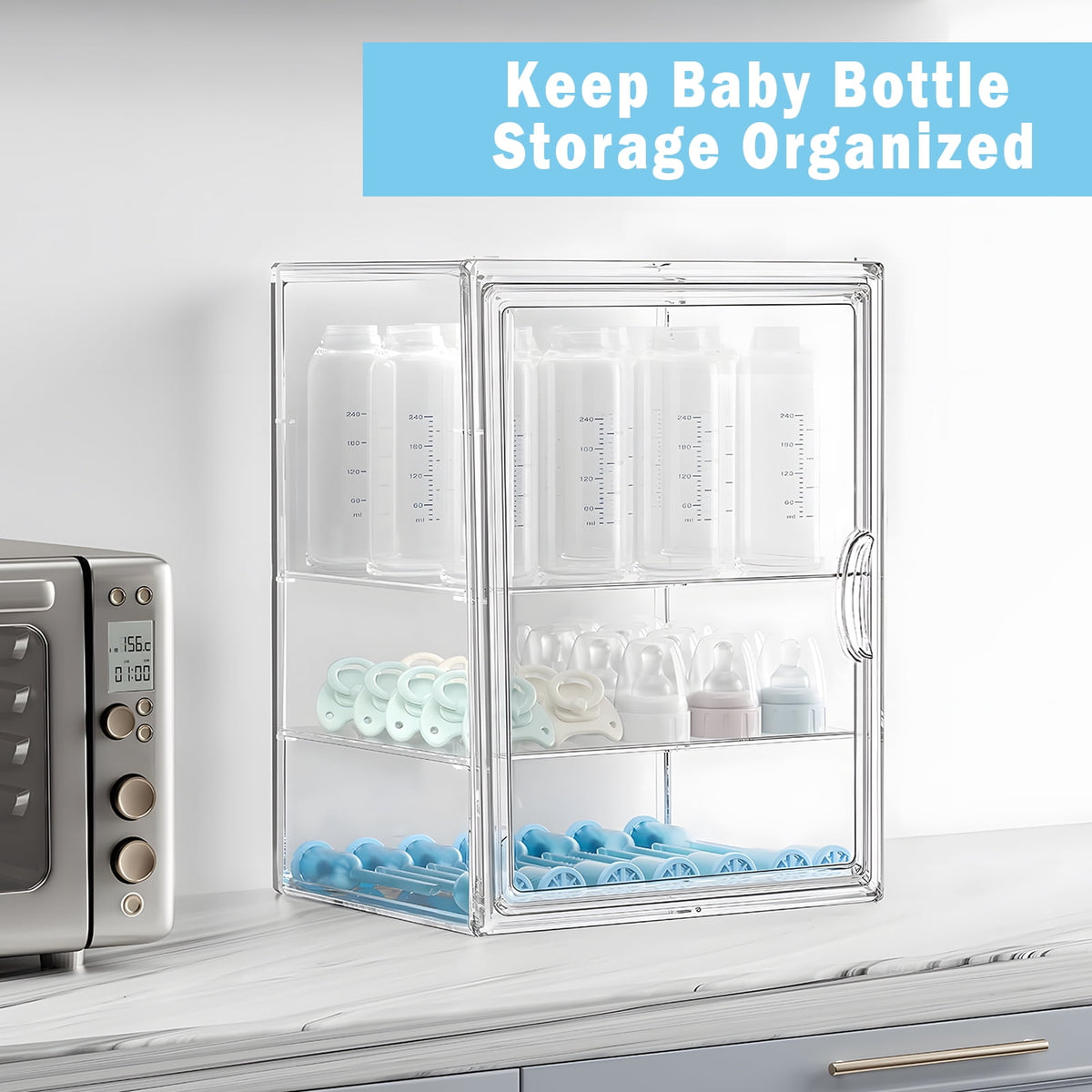 Baby Bottle Storage Organizer, Adjustable Clear Acrylic Makeup Storage Station, Case Box Container with 2 Removable D... - Image 4