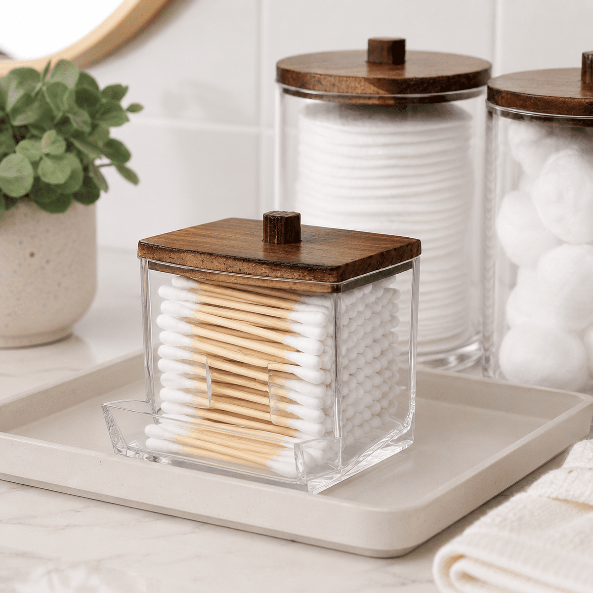 Bathroom Container, 10/7 OZ Cotton Ball/Swabs Dispenser, Apothecary Jar Organizer for Storage Brown Wood Lids - Image 4