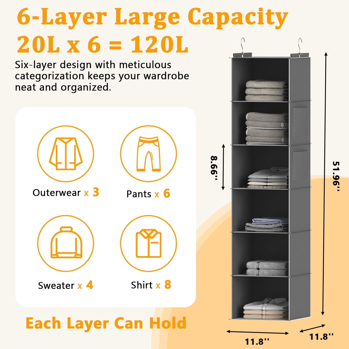 Shelves, 6-Shelf Organizer with Bamboo Inserts, Foldable Organizers and for Bedroom,Sturdy Hook W/ 2 Side Pockets,Gray - Image 3