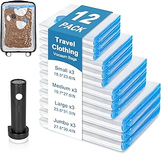12 Pack Vacuum Seal Bags for Clothing Travel with Rechargeable Air Pump, 4 Carry-on Size Space Saver Vacuum Storage Bags, Compression Packing Bags for Luggage Suitcase and Travel Organization