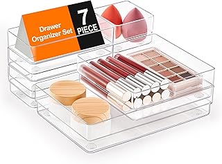 SMARTAKE 7-Piece Drawer Organizer with Non-Slip Silicone Pads, 4-Size Desk Drawer Organizer Trays Storage Tray for Makeup, Jewelries, Utensils in Bedroom Dresser, Office and Kitchen (Clear)