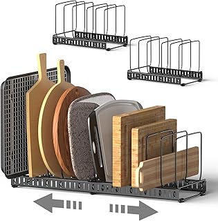 HzTinT Cutting Board Organizer Rack for Cabinet, Expandable 11.3"-22.5" Adjustable Divider Cutting Board Holder and Pot Lid Organizer, Kitchen Cabinet Organizer for Bakeware, Black