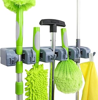 Basics Rectangular Heavy Duty Wall Mount Broom and Mop Holder, Sturdy Tool Organizer with Hooks and Slots for Garage, Garden, Laundry, Kitchen Organization, 2.36 x 16.9 x 3.35 in, Gray