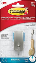 Command Small Bath Hook, Holds up to 1 lb, 1 Satin Nickel Shower Hook with 2 Water Resistant Strips, Damage-Free Bathroom Organization