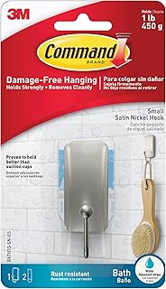 Command Small Bath Hook, Holds up to 1 lb, 1 Satin Nickel Shower Hook with 2 Water Resistant Strips, Damage-Free Bathroom Organization