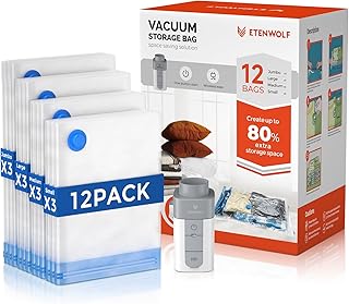 ETENWOLF Vacuum Storage Bags for Travel with Rechargeable Wireless Pump, Vacuum Seal Bags for Clothes and Travel, Space Saver Bags in Carry-On Sizes, Perfect for Luggage and Suitcases, 12 Combo