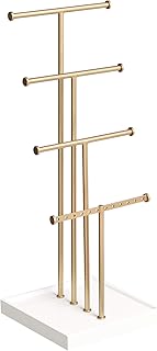 Basics Four-Tier Jewelry Organizer Tree Stand, Necklace Earring Bracelet Holder with Ring Storage, White/Brass