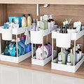 3 Pack Under Sink Organizers and Storage, 2 Tier Bathroom Cabinet Organizer Shelf with Hanging Cups for Kitchen & Bathroom (White)