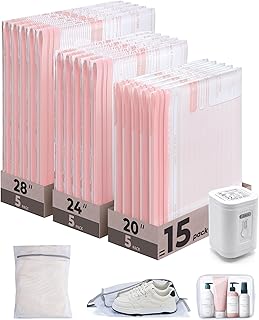 BAGSMART Vacuum Bags for Travel with Rechargeable Air Pump, Portable Space Saver Bags for Travel & Home, Vacuum Compression Seal Bag for Clothing, 18 Pack Pink with Shoe, Laundry & Toiletry Bags