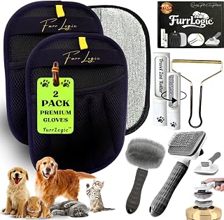 Cat & Dog Grooming Kit ~ Pet Hair Removal Glove (2 Pack) ~ Self Cleaning Cat Brush & Dog Brush for Shedding ~ Travel Lint Roller ~ Metal Carpet Rake for a Clean Home & Happy Pets!